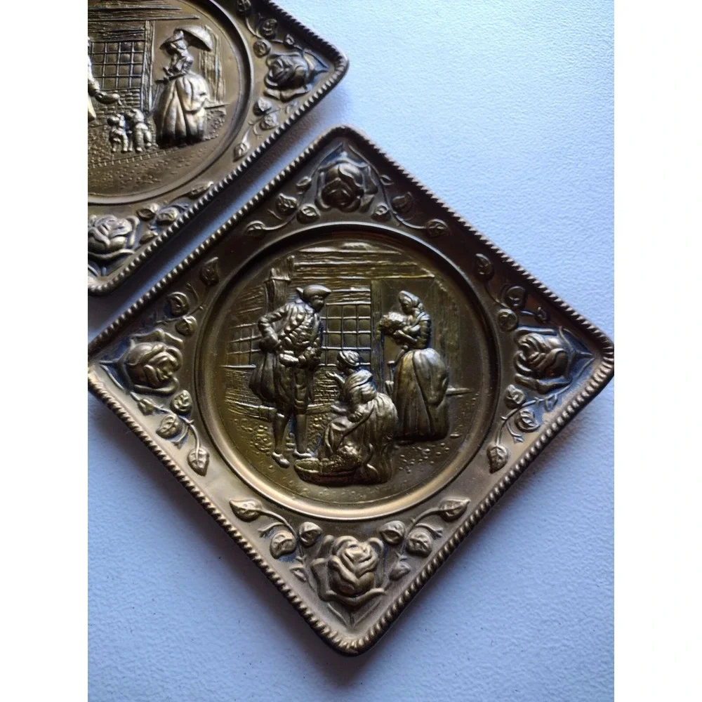 Vintage Elpec England Diamond Shaped Embossed‎ Brass Wall Hanging ×2